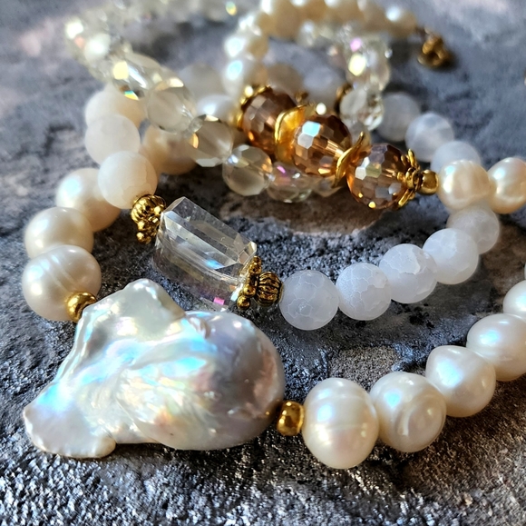 4 Bracelets Jewelry Set Stacking Bar Baroque Pearl 14K Gold plated Jewelry - Picture 4 of 11